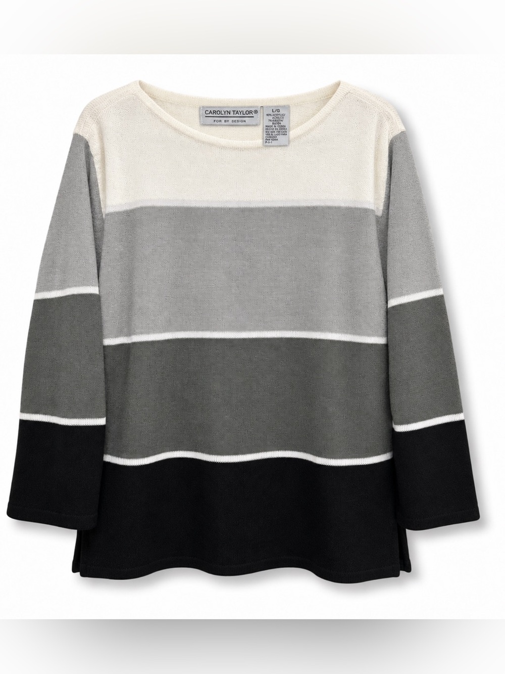 Carolyn Taylor Colorblock Sweater L/G Gray Black Ivory Acrylic Rayon